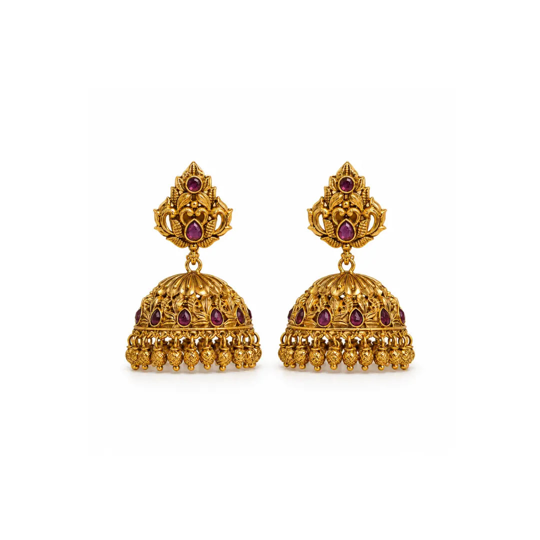 Antique-Finish Flower Petal Gold-Plated Jhumka V-328