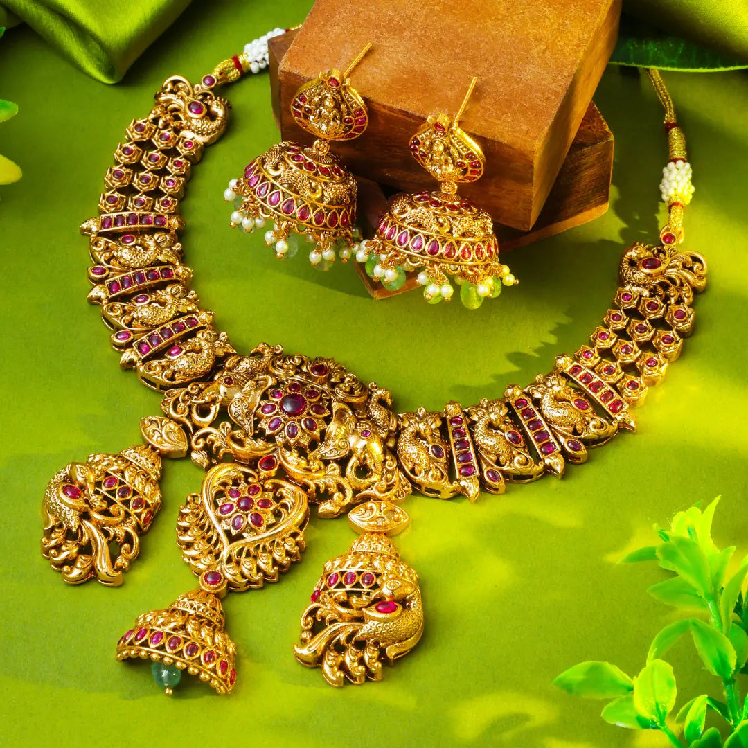 Traditional Gold-Plated Elephant Short Necklace Set