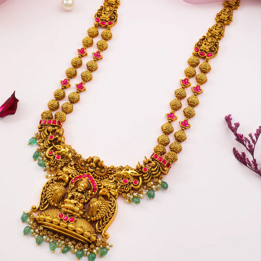 Mahalakshmi Long Haram Pendant Set | Gold-Plated Temple Necklace