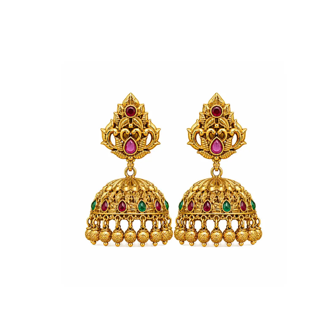 Antique-Finish Flower Petal Gold-Plated Jhumka V-328