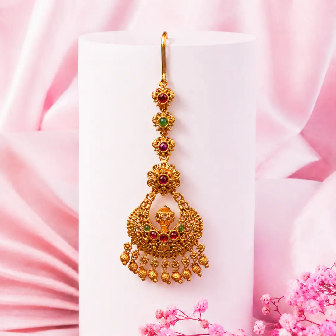 Antique Temple Maang Tikka – Gold-Plated & Gemstone Studded T-6