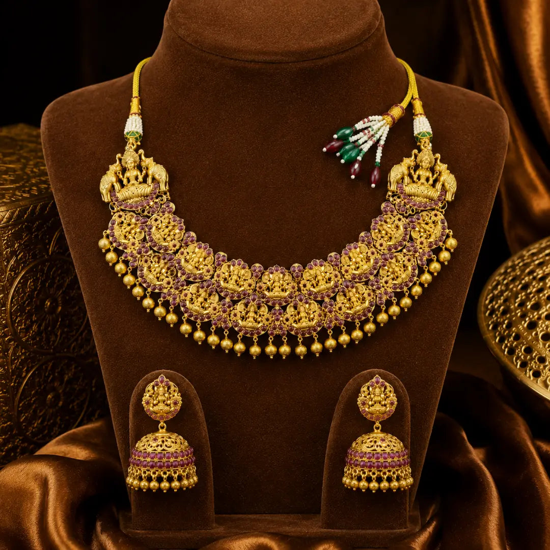 Ruby Stone Lakshmi Temple Short Necklace Set R-528