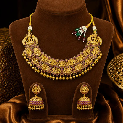 Ruby Stone Lakshmi Temple Short Necklace Set R-528