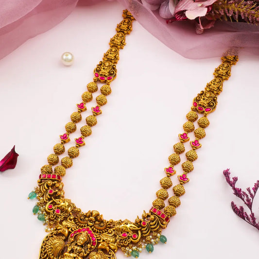 Mahalakshmi Long Haram Pendant Set | Gold-Plated Temple Necklace