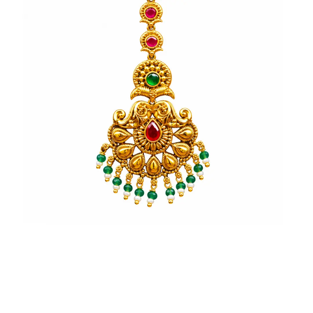 Temple Maang Tikka with Red & Green Stone J-181