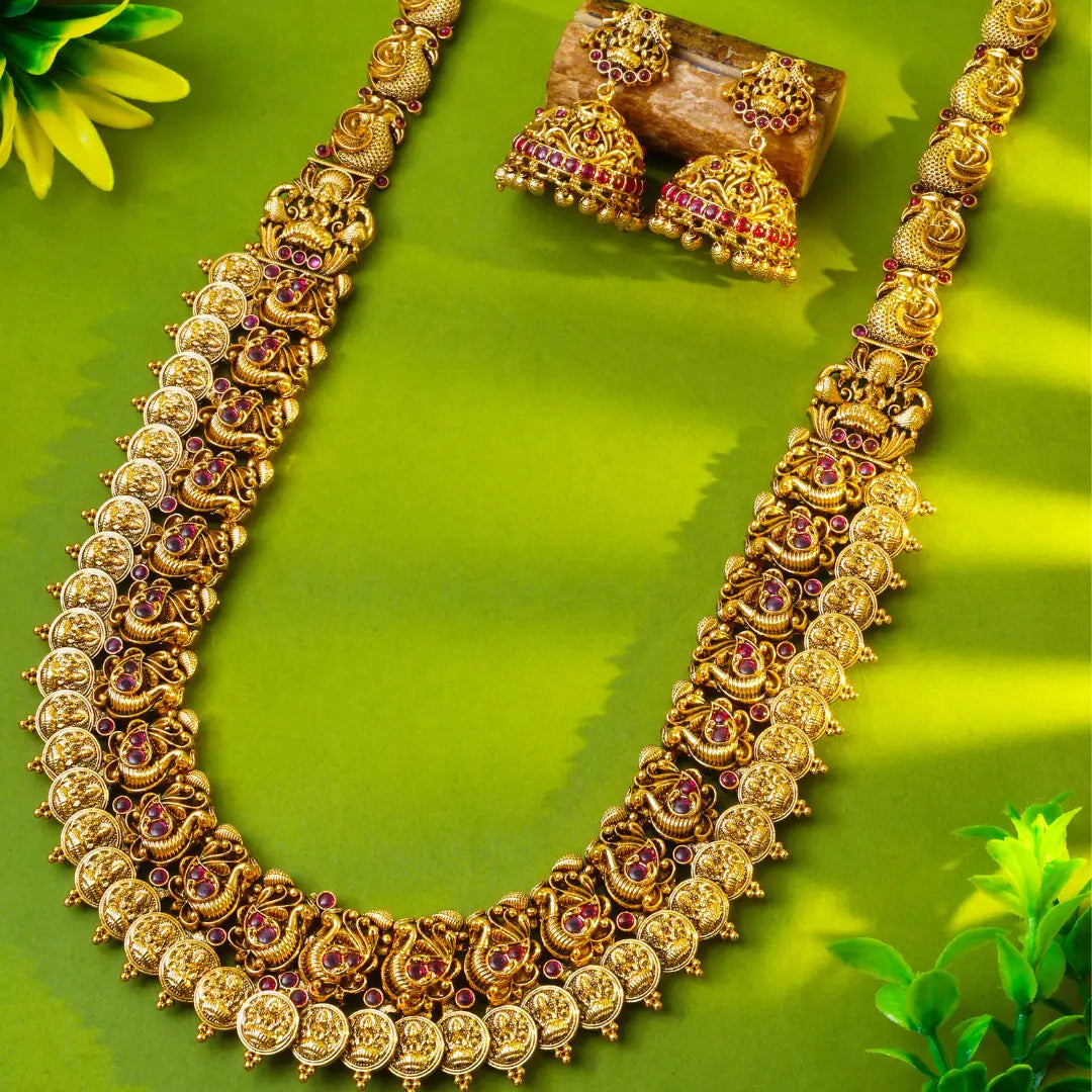 Gold-Plated Peacock Motif Long Necklace Set