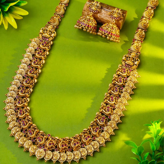 Gold-Plated Peacock Motif Long Necklace Set