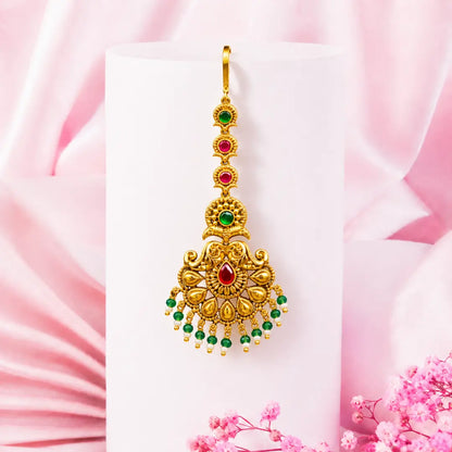 Temple Maang Tikka with Red & Green Stone J-181