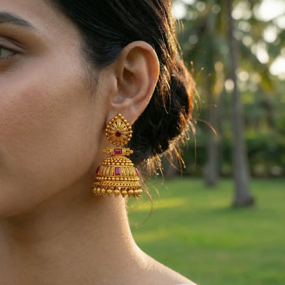 Bindu Shilpa Jhumka | Handcrafted Gold-Plated Temple Drop Earrings