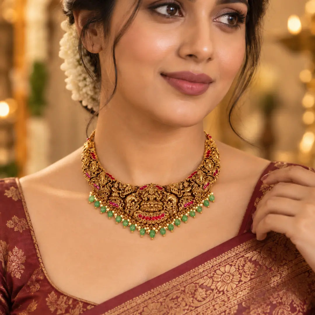Swarna Archana Kantha Short Necklace Set | Gold-Plated Temple Jewellery J-1019