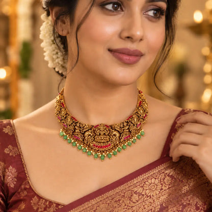 Swarna Archana Kantha Short Necklace Set | Gold-Plated Temple Jewellery J-1019