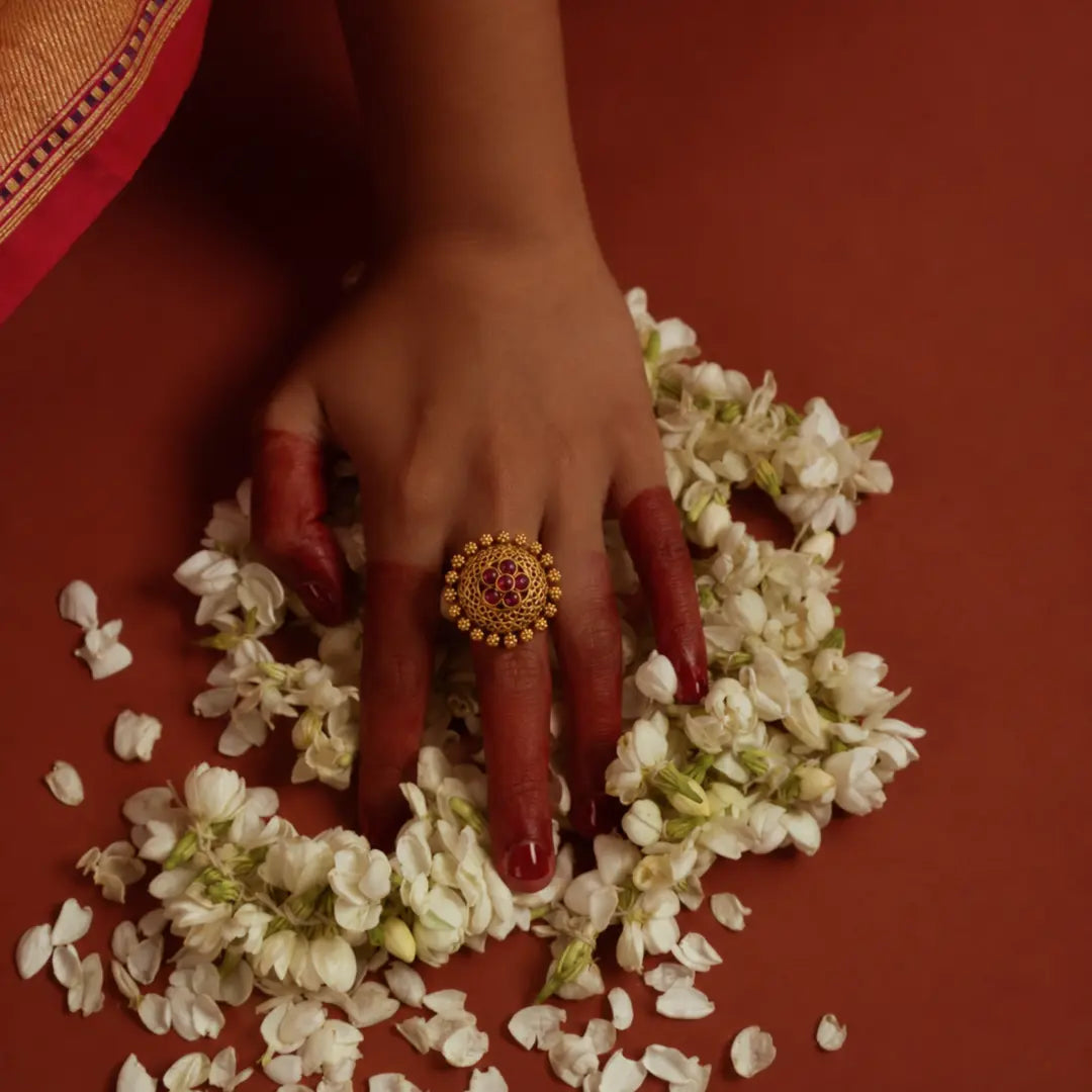 South Indian Gold-Plated Flower Ring V-1986