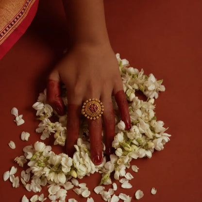 South Indian Gold-Plated Flower Ring V-1986