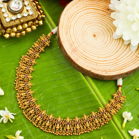 Tripura Kalasha Temple Jewellery Short Necklace Set with Stone Work