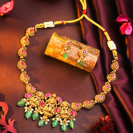 Antique Lakshmi Short Necklace Set – Gold Plated T-34