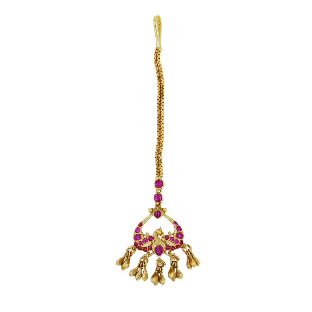 Antique Gold Plated Maang Tikka with Peacock Design R-1602