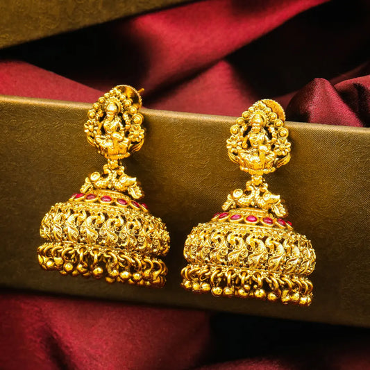 Lakshmi Mayil Jhumka | Gold-Plated Goddess Peacock Temple Earrings