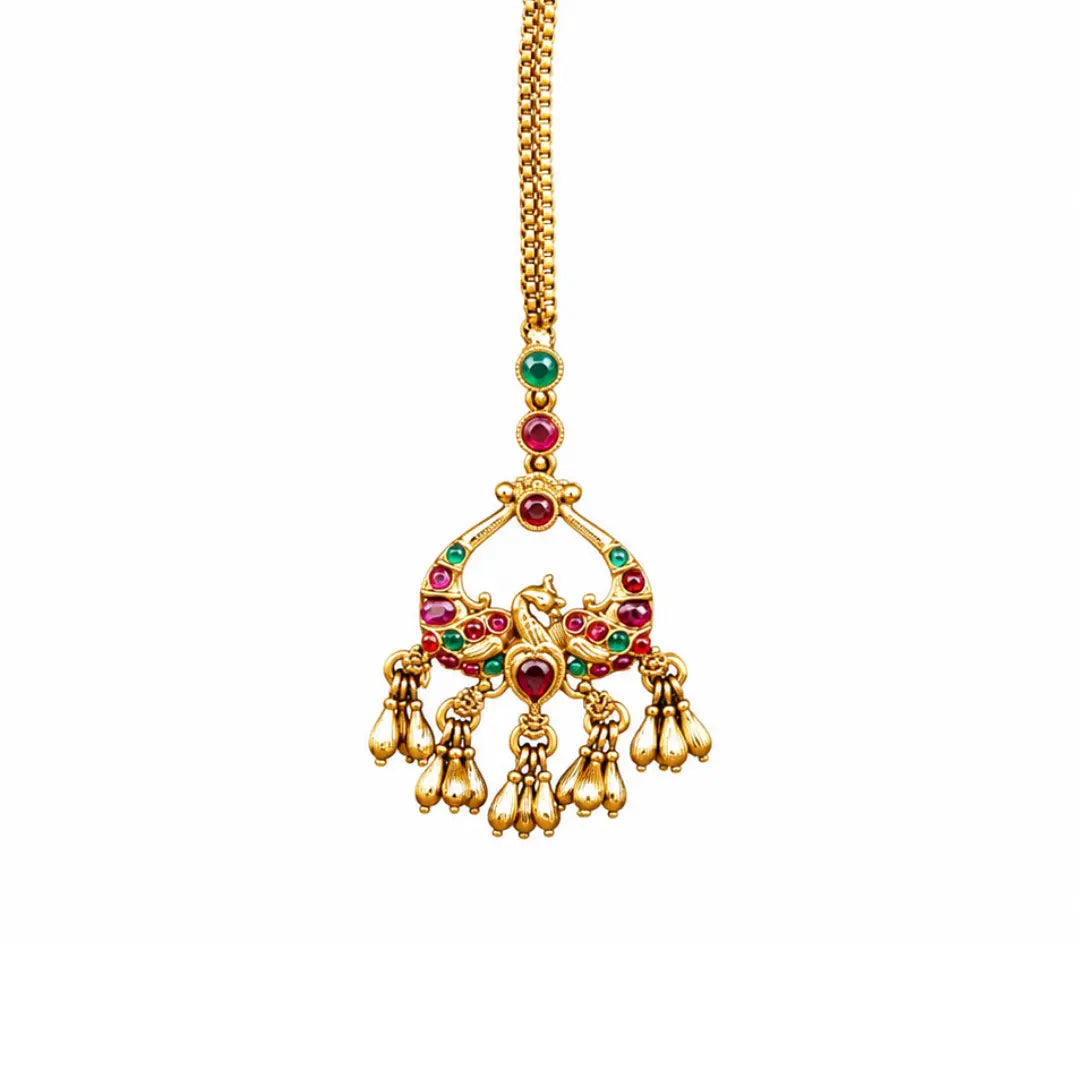 Antique Gold Plated Maang Tikka with Peacock Design R-1602