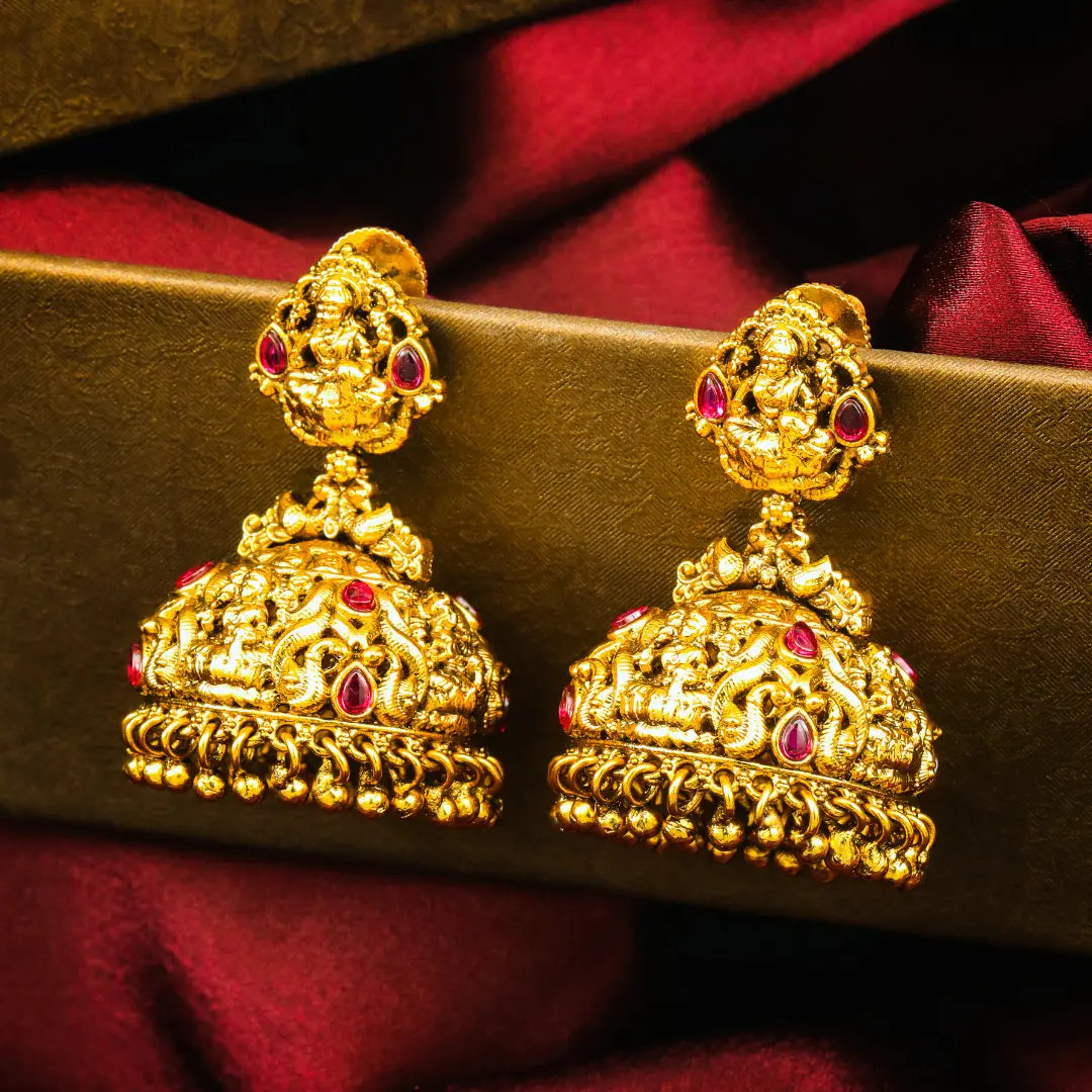 Chandra Tarangini Jhumka | Gold-Plated Moon Wave Temple Earrings