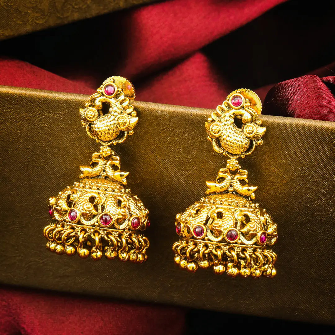 Padma Rekhini Jhumka | Gold-Plated Lotus Line Temple Earrings