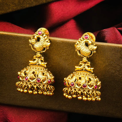 Padma Rekhini Jhumka | Gold-Plated Lotus Line Temple Earrings