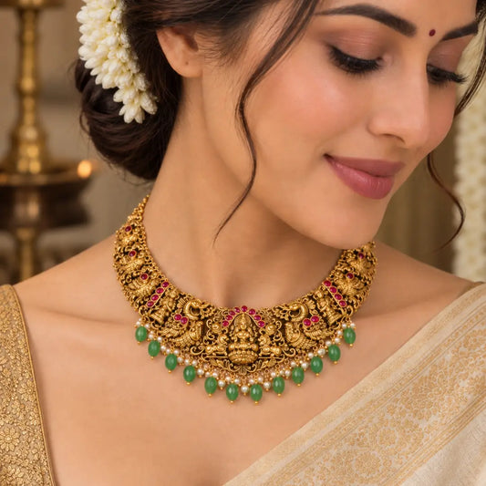 Pachi Manga Swarna Haar Short Necklace Set | Gold-Plated Temple Jewellery J-1027