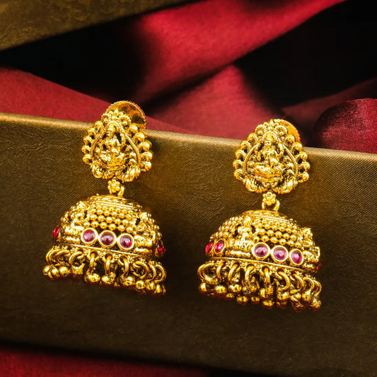Ganga Lahari Jhumka | Gold-Plated Sacred River Wave Temple Earrings
