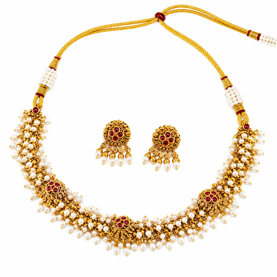 South Indian Temple Necklace Set – Pearl & Gemstone Beauty T-44A