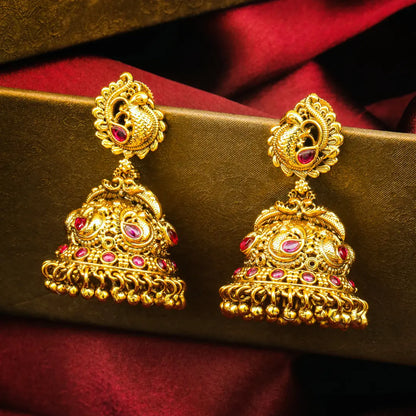 Hema Pallavi Jhumka | Gold-Plated Golden Blossom Temple Earrings