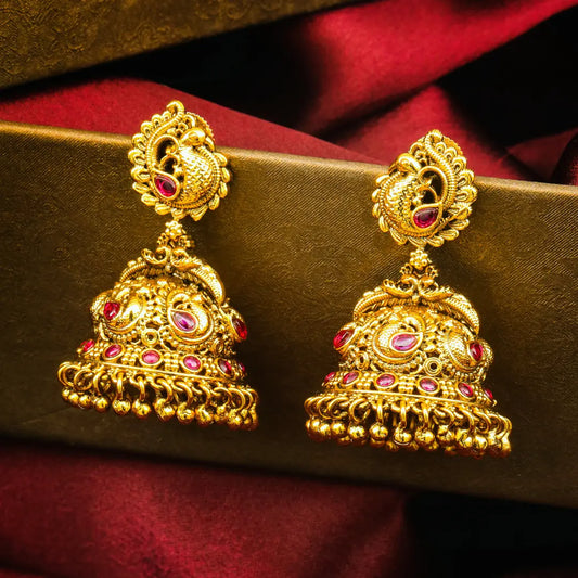 Hema Pallavi Jhumka | Gold-Plated Golden Blossom Temple Earrings
