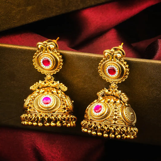 Ratna Chakra Jhumka | Gold-Plated Gemstone Wheel Temple Earrings