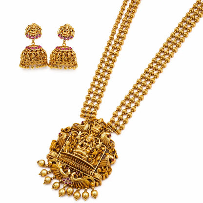Gold-Plated Antique Laxmi Temple Long Pendant Set V-659