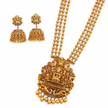 Gold-Plated Antique Laxmi Temple Long Pendant Set V-659