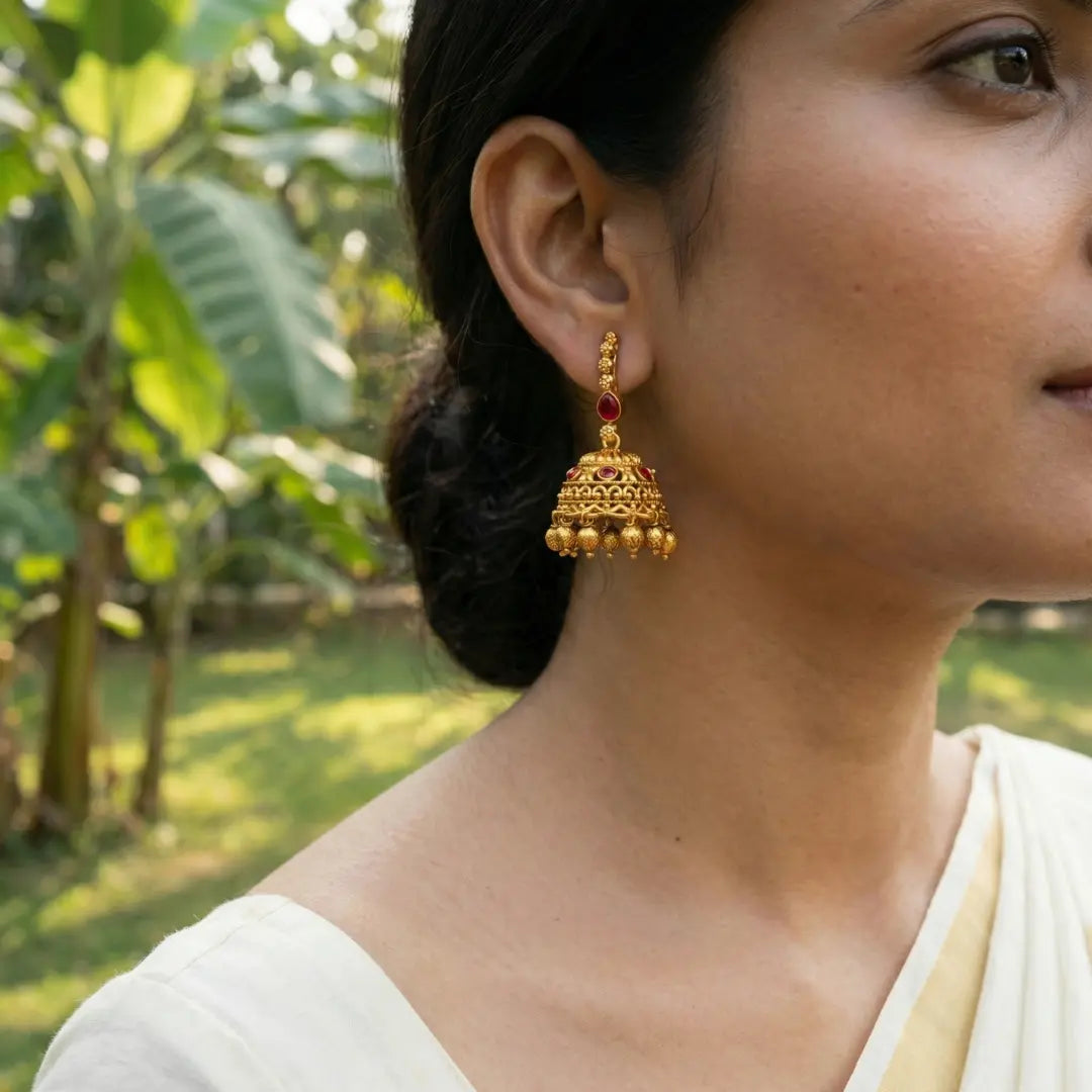 Kamala Ghanta Jhumka | Gold-Plated Lotus Bell Temple Earrings T-88