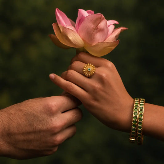 Minimalist Statement Ring – Antique Gold Finish with Gemstones J-308