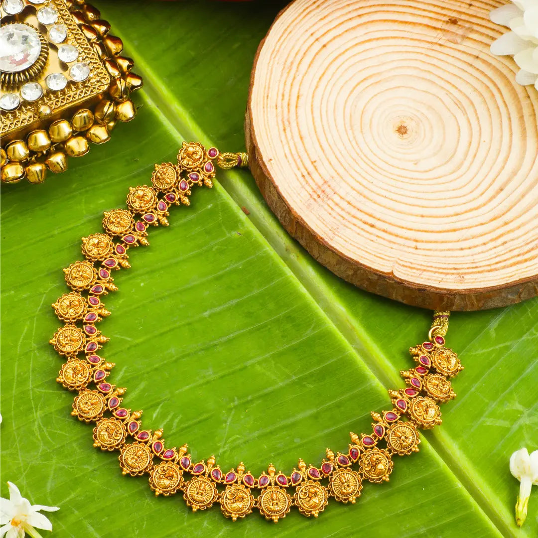 Subhadra Kasu Temple Jewellery Short Necklace Set with Coin Motifs