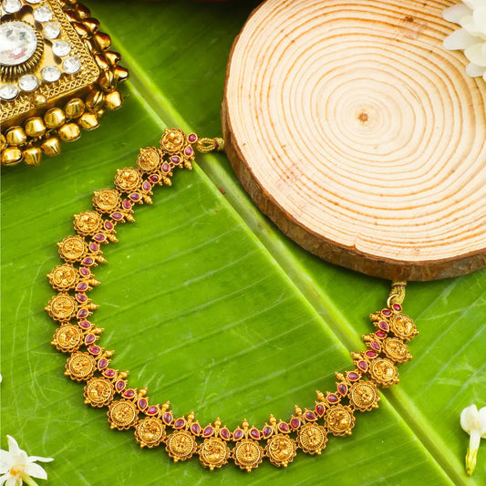 Subhadra Kasu Temple Jewellery Short Necklace Set with Coin Motifs