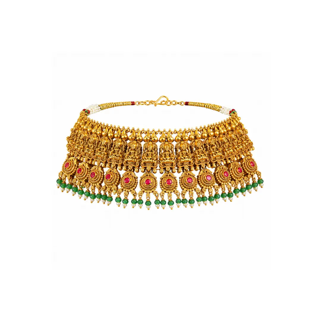 1 Gram Gold Choker Set | Beaded Temple Choker with Green Drops