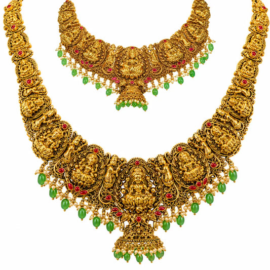 Swarna Navaratna Antique Mala Combo Necklace Set | Gold-Plated Temple J-1013N