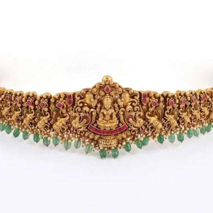 Pachi Swarna Navaratna Kamarpatta | Gold-Plated Temple Waist Belt J-846