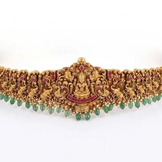 Pachi Swarna Navaratna Kamarpatta | Gold-Plated Temple Waist Belt J-846