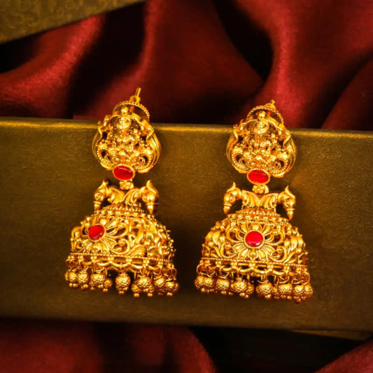 1 Gram Gold Plated Jhumka Earrings | Lakshmi Horse Lattice Dome
