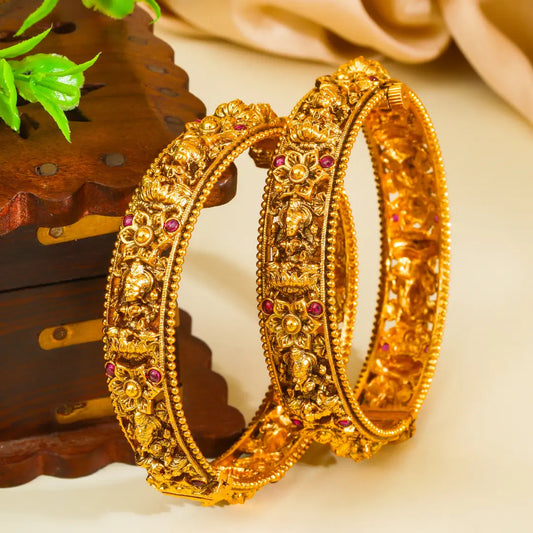 Ratna Kankini Kada Bangle | Gold-Plated Gemstone Temple Bridal Bangle V-2502