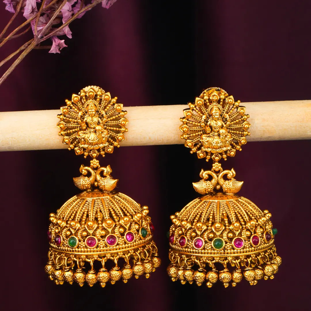 Divine Laxmi Temple Jhumka with Peacock Motif R-2027