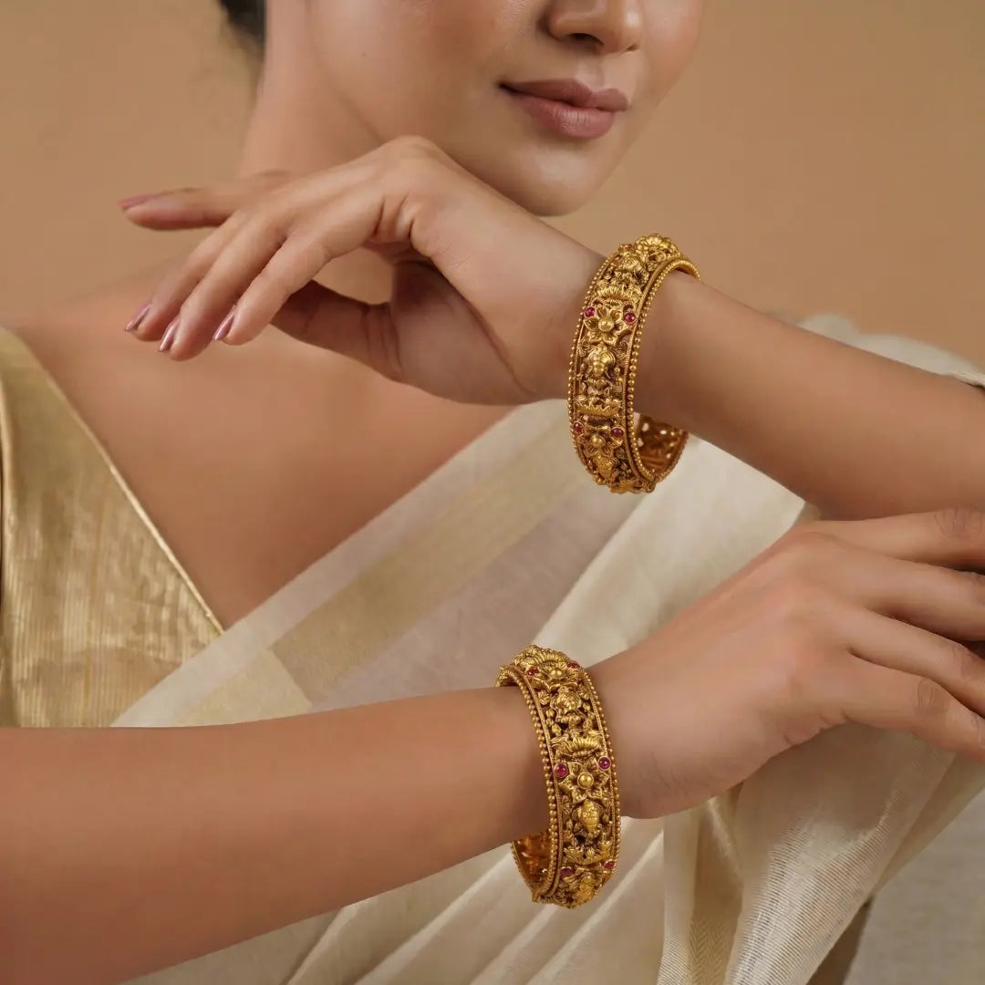 Ratna Kankini Kada Bangle | Gold-Plated Gemstone Temple Bridal Bangle V-2502