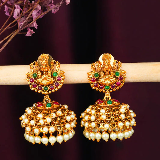 Antique Temple Laxmi Jhumka with Pearl Drops
