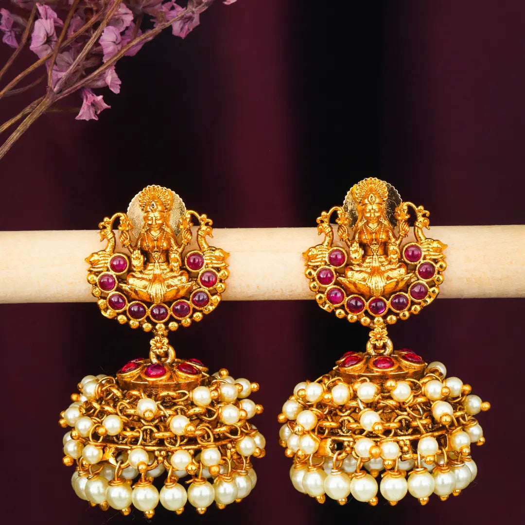Antique Temple Laxmi Jhumka with Pearl Drops