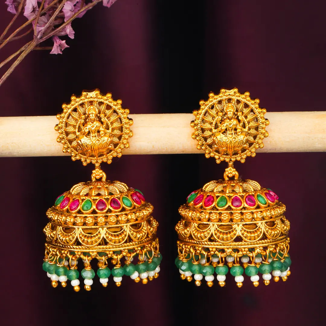 Antique Laxmi Temple Jhumka with Green Beads R-2230