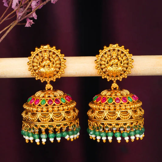 Antique Laxmi Temple Jhumka with Green Beads R-2230