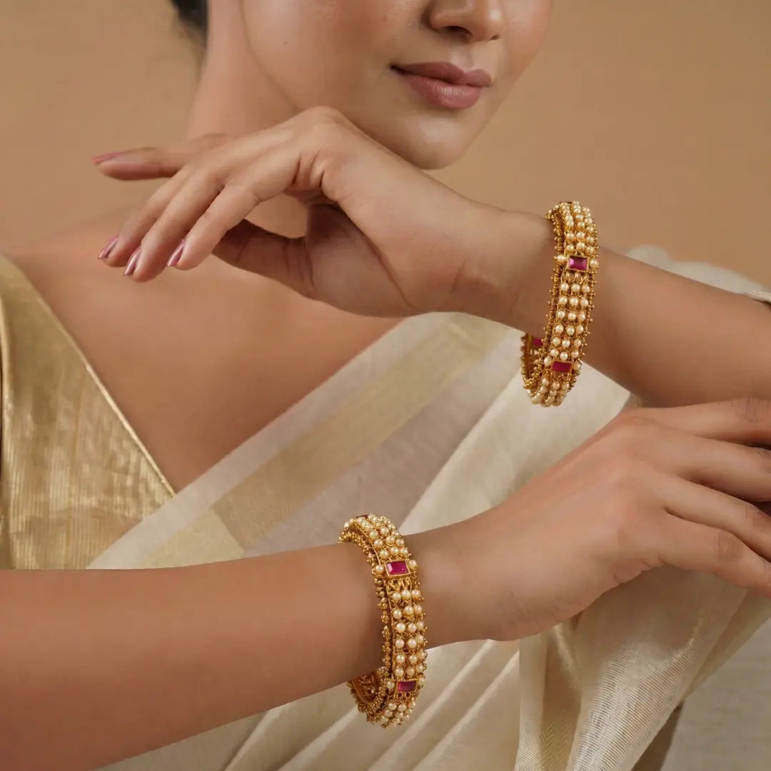 Hamsa Kankana Kada Bangle | Gold-Plated Sacred Swan Temple Bangle V-2479